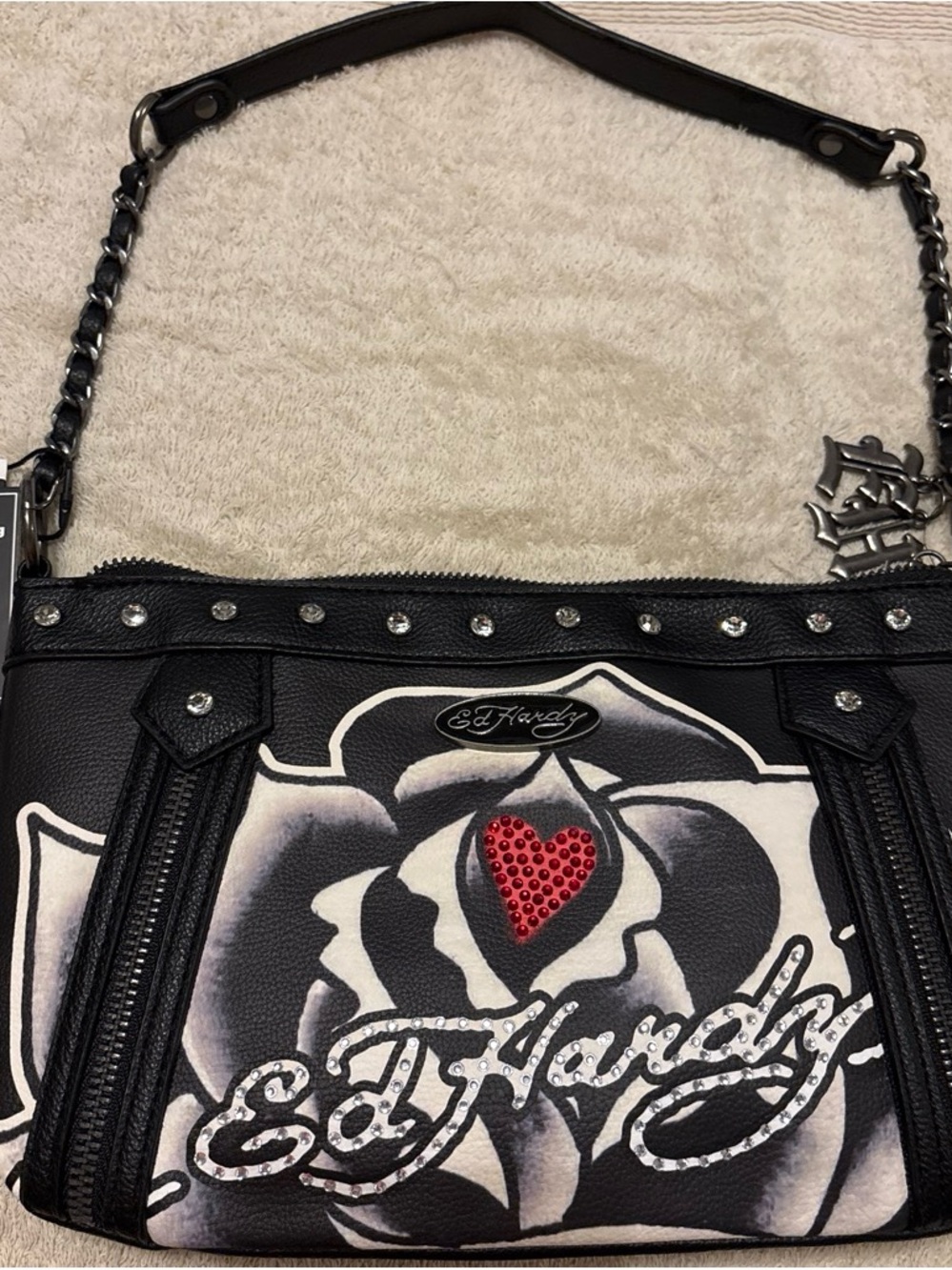 Ed Hardy Black & White Rose Shoulder Bag with Red Heart Studs
